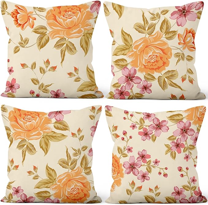 Spring Flower Pillow Covers 24"x24" Set of 4, Vintage Yellow Floral Pillowcases Countryside Cushion Cases for Chair Sofa Bed Living Room Garden Car Indoor Outdoor Party Home Decoration