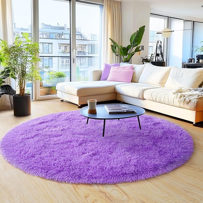 6‘x6’ Purple Round Rug for Bedroom, Ultra Soft Fluffy Circle Rug for Kids Girls Boys Room, Cute Shag Rugs for Living Room Playroom Teen Room Home Decor Rug