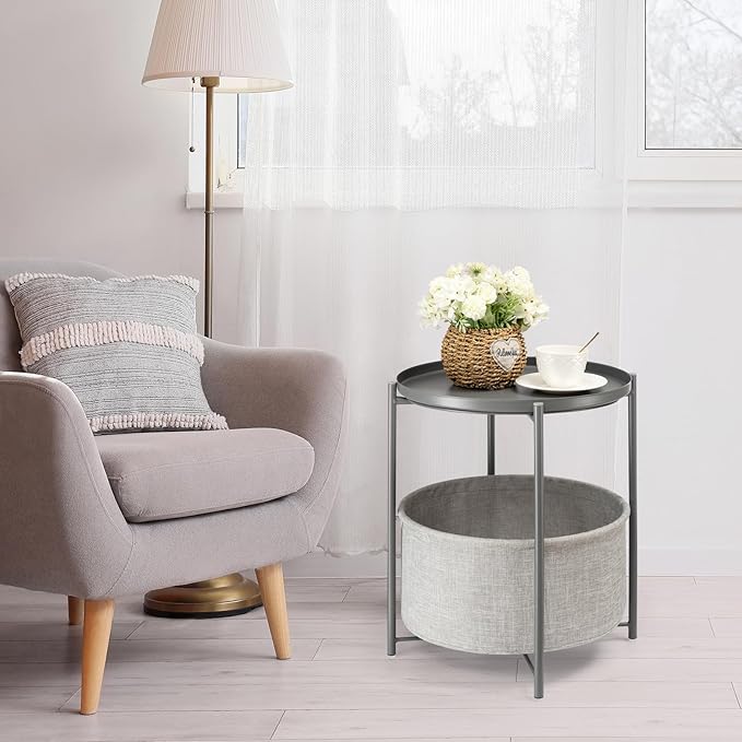 danpinera Round Side Table with Fabric Storage Basket, Metal Side Table Small Bedside Nightstand with Removable Tray Top for Living Room, Bedroom, Nursery, Laundry, Gray