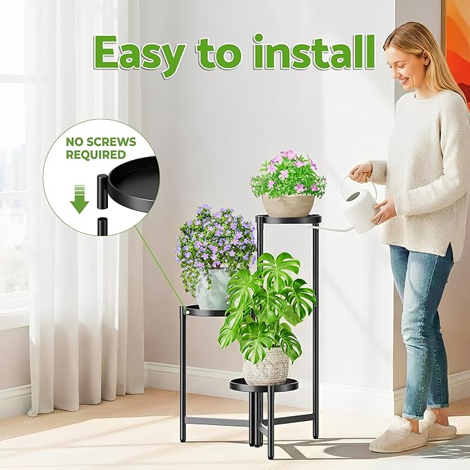 3 Tier Large Plant Stand Indoor with 10 Inch Wide Tray, Tiered Corner Metal Outdoor Flower Holder Stand, Folding Tall Rack for Display Shelf for Patio Porch Balcony - BlackDisk
