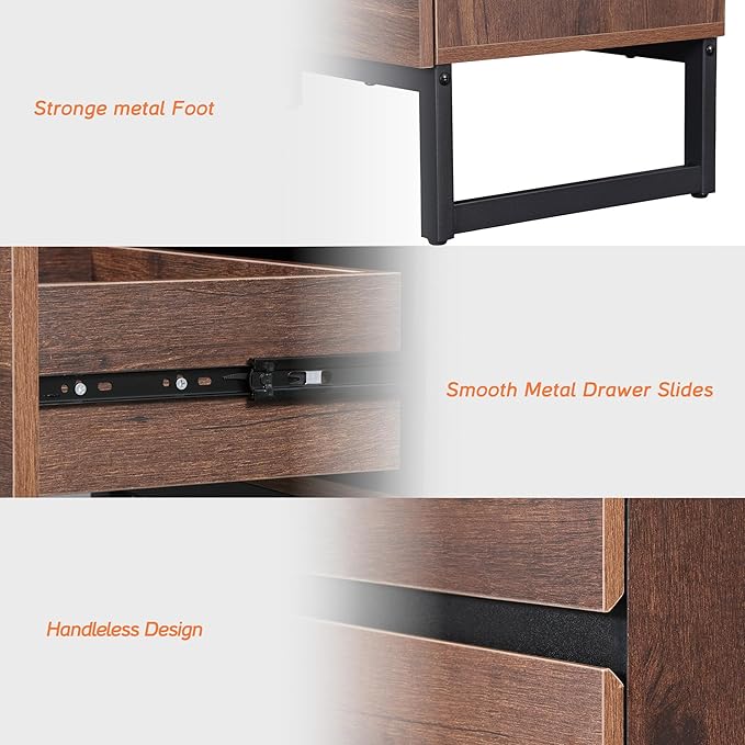 WAMPAT Modern End Table with 2 Drawers, Farmhouse Sofa Table with Black Square Iron Leg, Wood Rustic Side End Table for Living Room, Nighstand for Bedroom, Brown