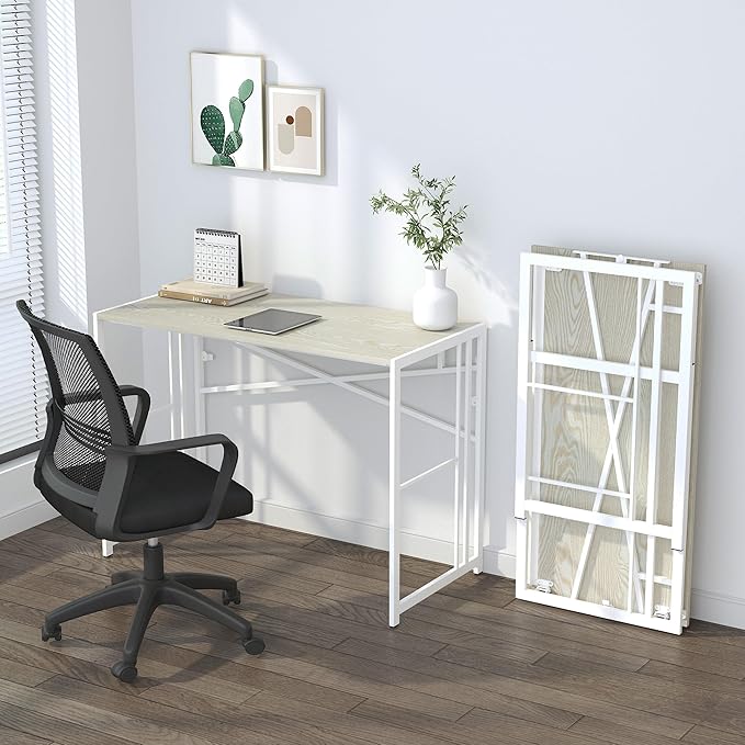 40 inch Folding Desk, Writing Gaming Computer Camping Desk, No Assembly Required Home Office Table, Natural and White