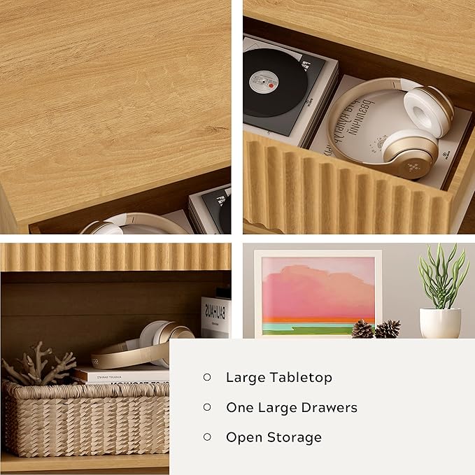 Fluted End Table with Drawer, Modern Wooden Nightstand Bed Side Table with Storage Shelf Bedside Night Stand for Bedroom Living Room Sofa, Natural Oak