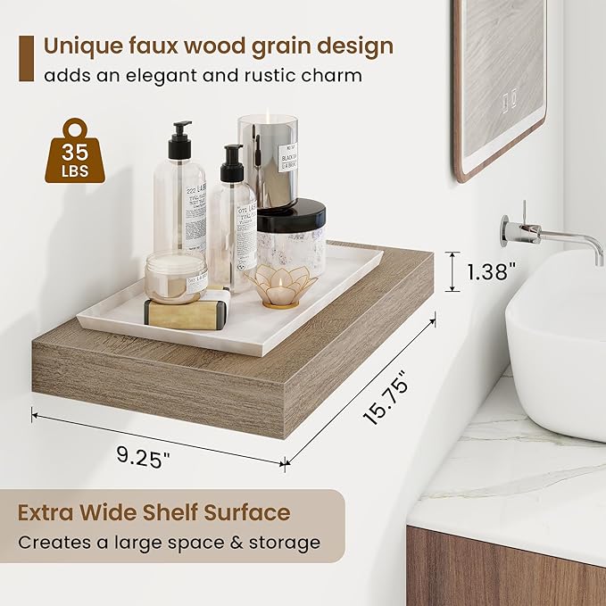 16in Floating Shelves for Wall, 16"W x 9.25"D x 1.25"H, 2 Pack Long Wall Mounted Engineered Wood Shelves with Invisible Brackets for Living Room, Bedroom, Bathroom, Kitchen Decor and Storage, Grey