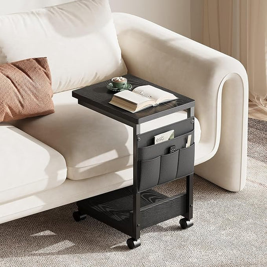 Side Table,C Table with 2-Tier Storage Shelf, End Table with a Storage Bag, Sofa Table with Wheels for Living Room, Bedroom, Office, Bathroom, Black