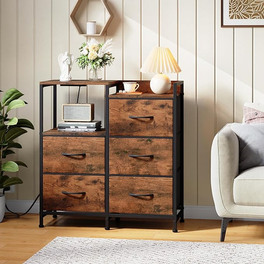 Somdot Nightstand with Charging Station and LED Light, Wide 5 Drawers Dresser for Bedroom with Fabric Bins and Open Shelf for Bedroom Kids Closet Dorm Guest Room, Wood Grain Print