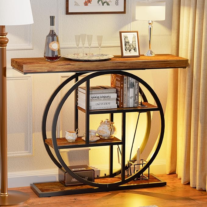 Console Tables for Entryway, Built-in US Standard Outlet & LED Strip Lights, 4-Tier Industrial Narrow Wood Sofa Table, Entryway Table with Storage Shelves for Living Room