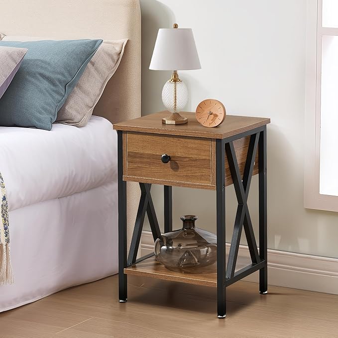 VECELO Nightstands Set of 2, Modern Bedside End Tables, Night Stands with Drawer and Storage Shelf for Living Room Bedroom, Industrial Metal Frame