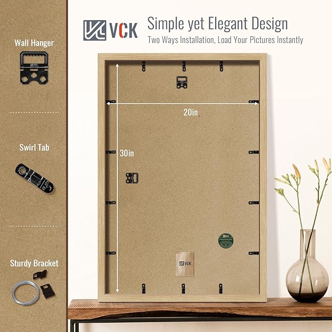 VCK 20x30 Poster Frame 2 Pack - Natural Oak, High-End Wood Picture Frames with Polished Plexiglass, Display 16x24 Photo with Mat or 20x30 without Mat, Art Gallery-Quality, Wall Hanging, Natural Oak