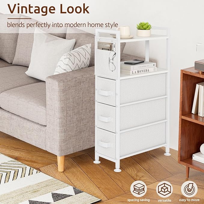 3 Drawer Small Narrow Side End Table for Small Spaces, Slim Nightstand Bedside Sofa Table with Wheels, Space Saving Skinny Thin Couch Desk with Storage Bag for Bedroom Living Room Bathroom,White