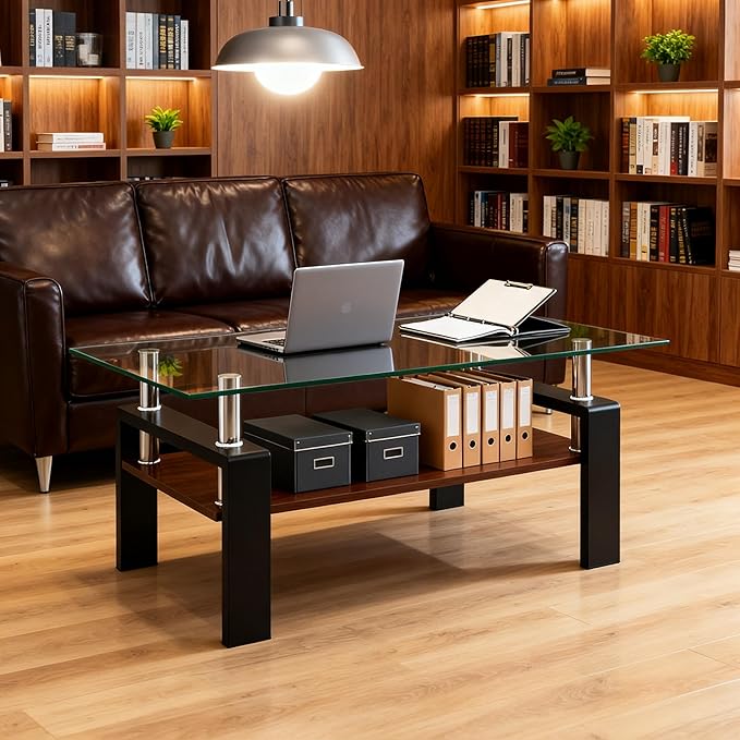 Coffee Table for Living Room, Modern Rectangle Tempered Glass Center Table with MDF Storage Shelf, 220lbs Load-Bearing for Small Space, Apartment, Office (Transparent + Black + Tempered Glass)