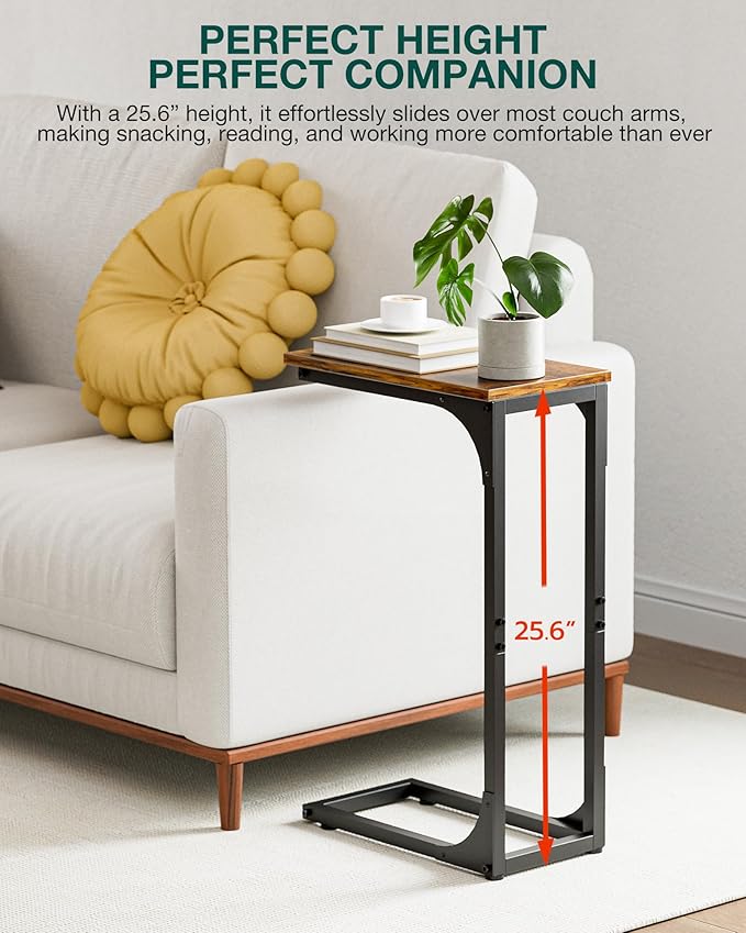 Narrow C Shaped Side Table Set of 2 - Small Sofa Couch Side Table for Living Room, Compact Coffee Tray Tables with Metal Frame, Easy Assembly, Space Saving Design
