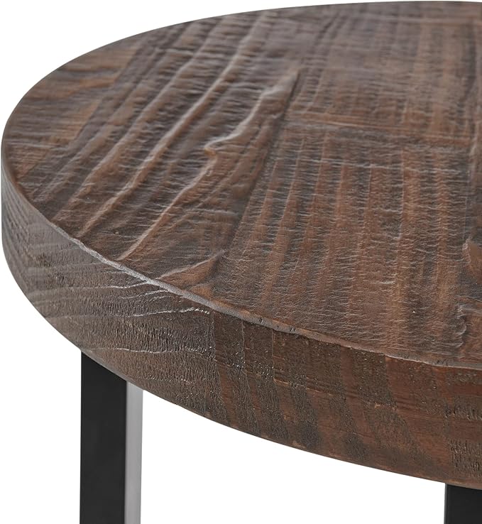 Pomona 20 in. Round End Table with 2 Shelves, Solid Wood Top, Metal Legs, Rustic Natural Brown Finish - Living Room Furniture