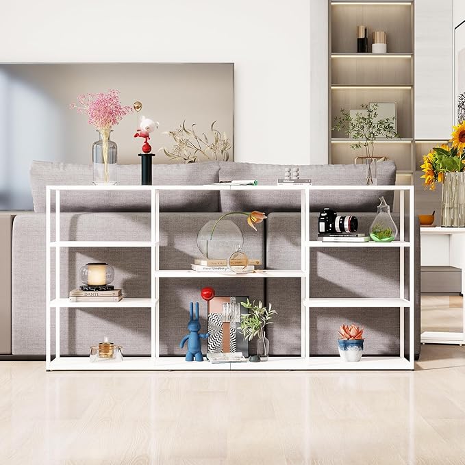 63 Inch Metal Console Table with 8 Storage Shelves,Extra Long Entryway Table,Narrow Sofa Table,Hallway Table for Entrances to Corridor, Foyer,Living Room (White, 62.99×11.81×31.5)