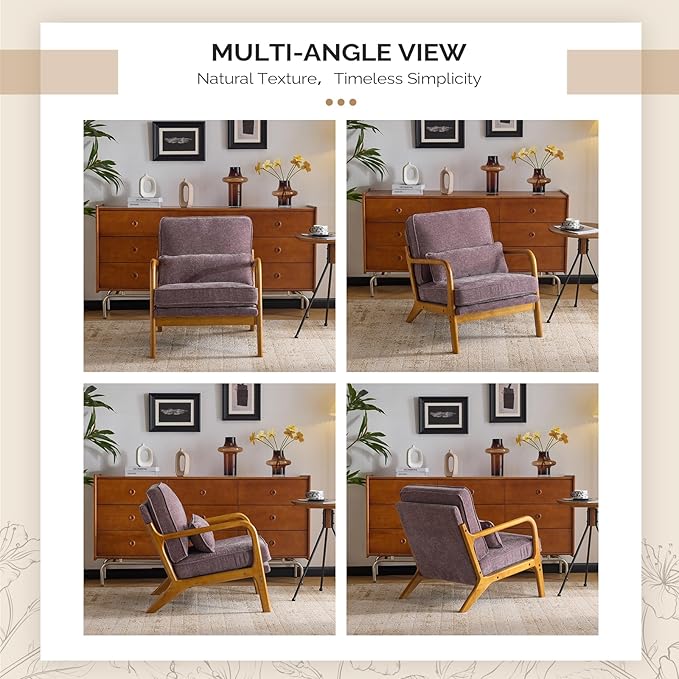 VINGLI Chenille Mid-Century Modern Accent Chair Set of 2, Cute Reading Arm Chair with Cushion & Lumbar Pillow & Solid Wood Frame for Lounge, Living Room, Reading Room, Bedroom, Light Purple
