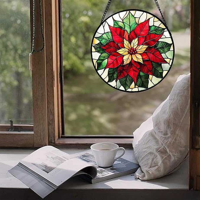 Stained Glass Window Hanging - Red Poinsettia Birth Flower Sun Catcher for Door Garden Home Decor Suncatcher Christmas Mother's Day Birthday Gifts for Women Men Mom Girl Nana Friend 7.8 in