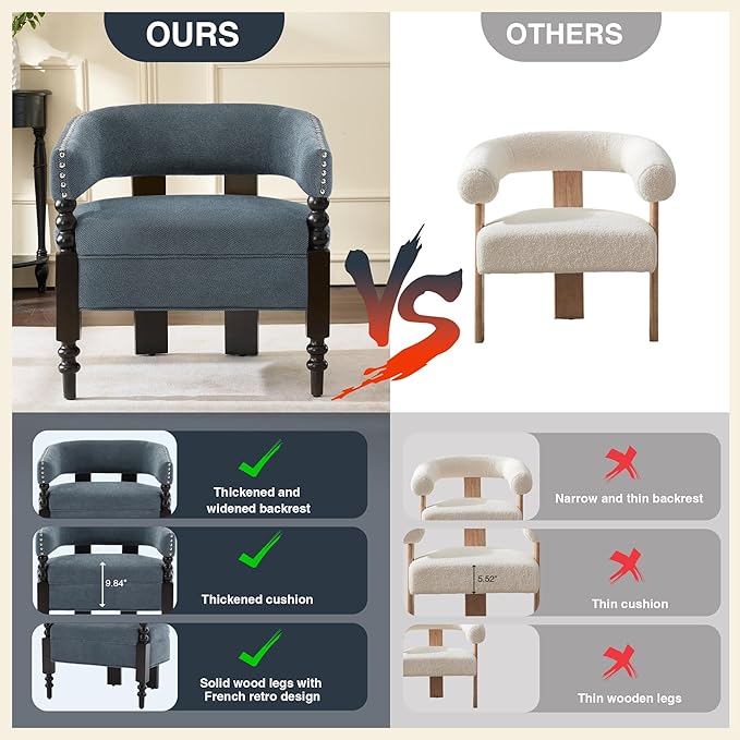 LOULENS Barrel Accent Chair for Living Room | Vintage Linen Upholstered Lounge Chair with Solid Wood Legs, Armchair for Bedroom, Reception Room & Reading Nook, Blue