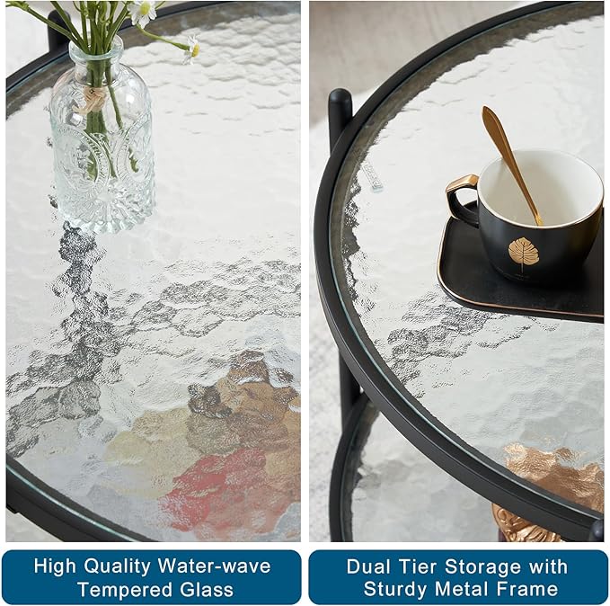VINGLI 25.6" Small Matte Black Round Coffee Table Water-Wave Glass Circle Clear Coffee Table, Center Table with 2-Tier Modern Storage Design for Living Room, Bedroom, Meeting Room, Balcony, Patio