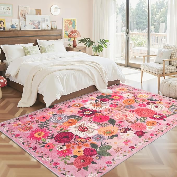 Pink Area Rug 4x6 Rug Washable Boho Rugs Non Slip Low Pile Floral Small Carpet for Bedroom, Bedside, Kids Room, Office, Dining Room(4 x 6, Pink Garden)