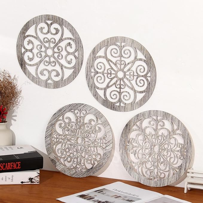 Zzbakress 4 Pieces Farmhouse Wall Decor Rustic Circle Wall Decor Wooden Hollow Carved Round Wall Art for Living Room Bedroom Kitchen Bathroom Home Wall Decoration (Delicate, Retro)
