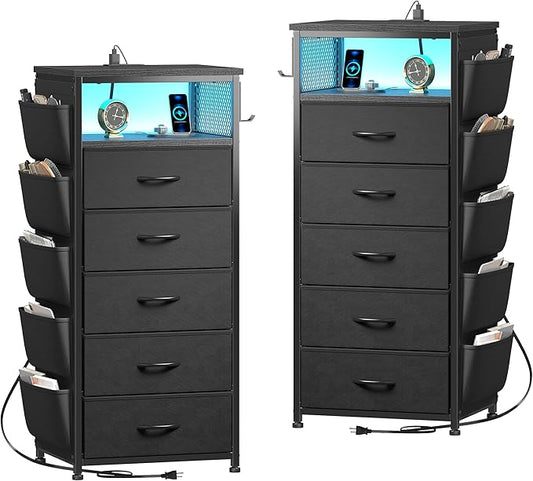 EnHomee Tall Night Stand Set 2 with 5 Drawers, LED Nightstand with Ports & Outlets, Bedside Table with Extra Side Bag & Storage Shelf & Hooks, Bedroom, Dorm, Closet