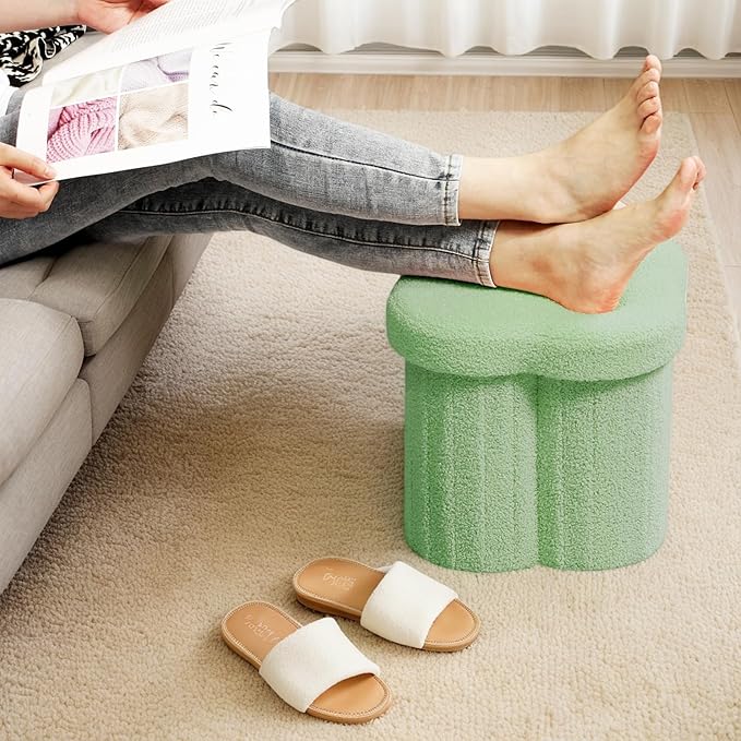 12.6" Small Ottoman with Storage, Flowers Shaped Foldable Foot Rest for Dorm Room, Living Room - Compact Organizer for Small Spaces-Green