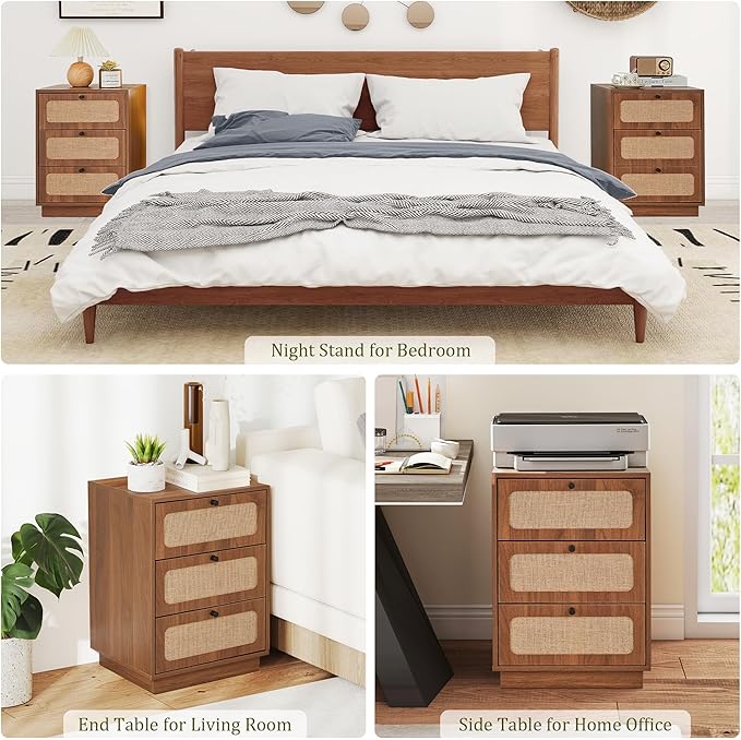 16" Nightstand with 3 Drawer, Mid-Century Wood Night Stand Storage with Linen Decor, Farmhouse Small Side Table for Sofa Couch, End Table for Bedside Bedroom, Living Room (Walnut)