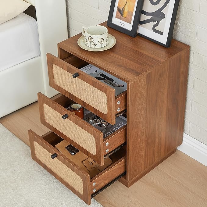 16 Inch Nightstand Set of 2, Mid-Century Wood Night Stand with 3 Storage Drawer, Farmhouse Small Linen Decor End Table for Sofa Couch, Side Tbale for Bedside Bedroom, Living Room (Walnut)