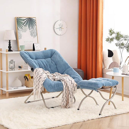 Saucer Chair With Ottoman - Oversized Folding Faux Fur, X-Large Soft Dorm, Foldable Metal Frame for Bedroom, Living Room, Study, Playroom (Blue)