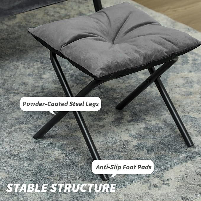 HOMCOM Modern Lazy Chair with Ottoman, Fabric Lounge Accent Chair, Leisure Sofa Armchair with Armrests, Side Pockets, Upholstered Reading Chair and Footstool Set for Living Room, Bedroom, Gray