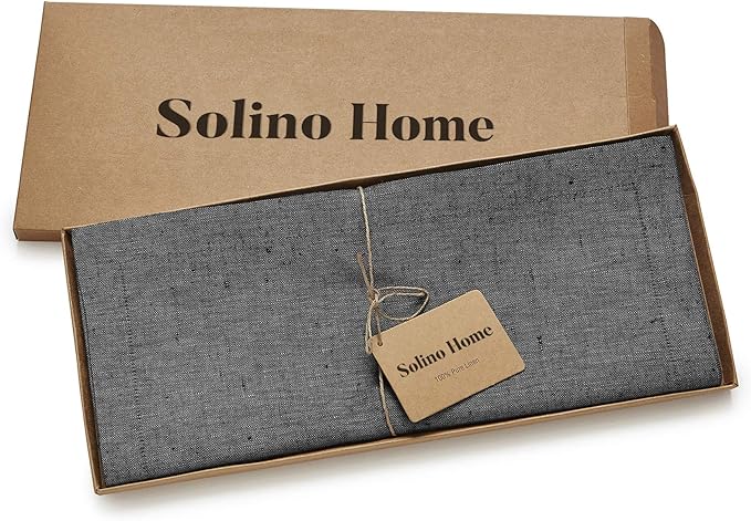 Solino Home Linen Table Runner 72 Inches Long - Athena, 100% Pure Linen Charcoal Grey Dining Table Runner 14 x 72 Inch for Halloween, Thanksgiving - Handcrafted and Machine Washable