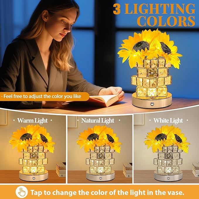 Sunflower Crystal Table Lamp, Touch Dimming Night Light, USB Rechargeable Bedside Lamp LED Artificial Flowers Lamp, Desk Lamp Aesthetic for Bedroom Home Decor