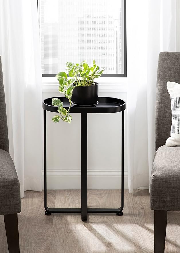 Kate and Laurel Zabel Capsule Narrow Metal Side Table; 17 x 9 x 24; Black; Decorative Transitional Slim Rounded Oval End Table for Small Spaces and Display