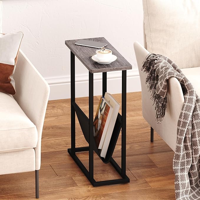 Yusong Narrow Side Table for Small Spaces, Small End Table with Magazine Holder, Skinny Slim Little Thin Table for Living Room, Bedroom, Sofa, Grey Oak