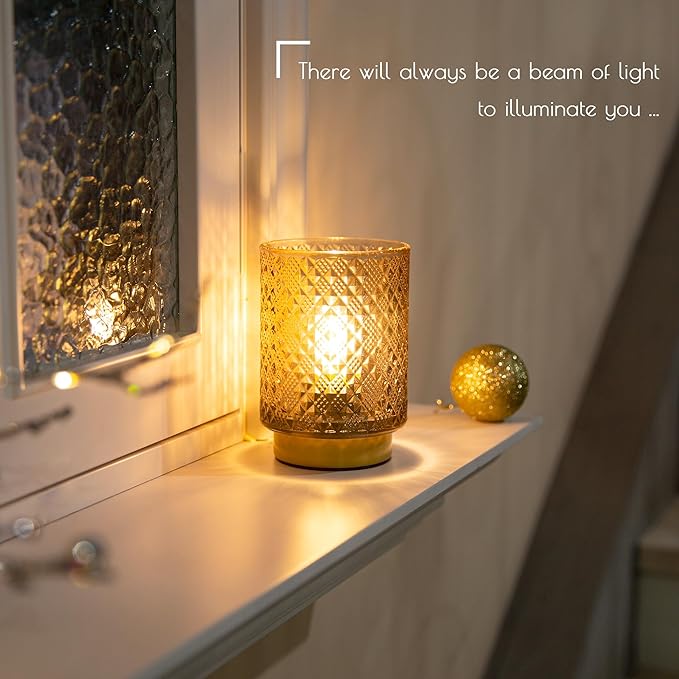 Battery Operated Lamp with Timer, Small Vintage Table Lamp, Glass Cordless Lamps Bedside Battery Lamp for Living Room, Entryway, Shelf Decor Diamond Design-Amber