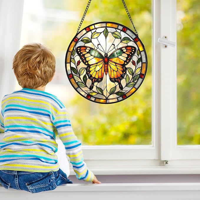 Butterfly Stained Glass Sun Catcher for Window Hanging, Yellow Butterfly Suncatcher for Indoor Window Decoration, Stained Glass Panel Home Decor for Women, Mom (Yellow, 9'')