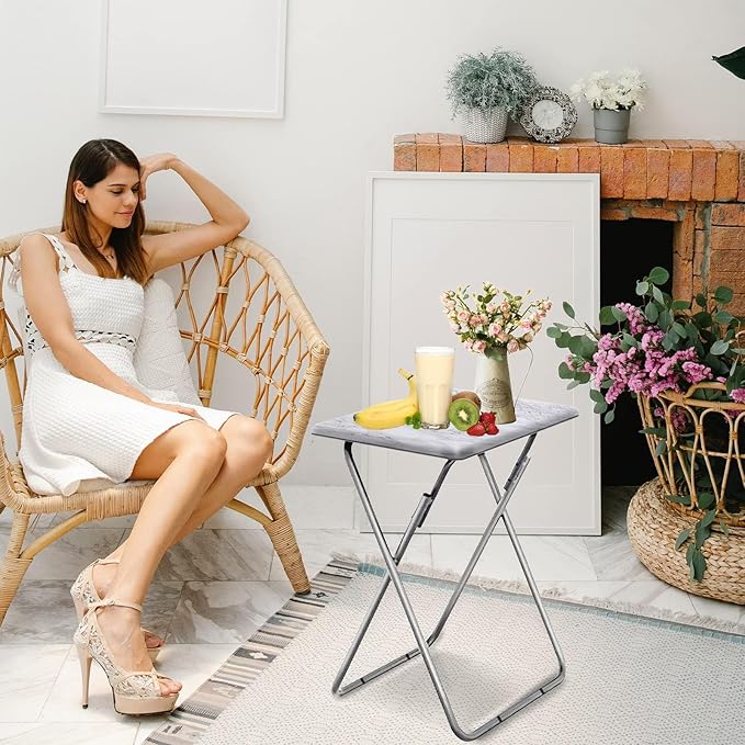 Garden 4 You TV Tray Table, Folding Dinner Tray With No Assembly Required, Sturdy Foldable Snack Eating Table for Living Room, 2PCS (White Marble)