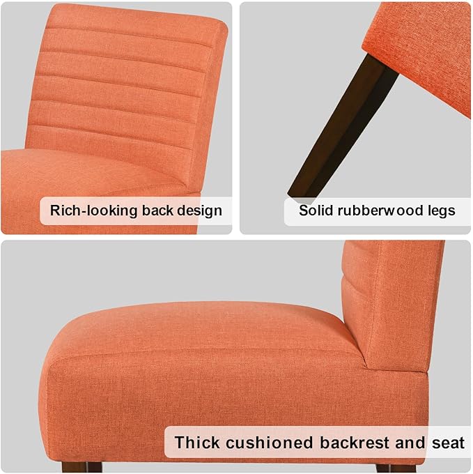 Slipper Accent Chair Modern Armless Lounge Chair with Wood Legs Upholstered Makeup Vanity Tufted Side Chair Fabric Comfy with Decor Back for Living Room Bedroom Patio (Horizontal Back, Orange)