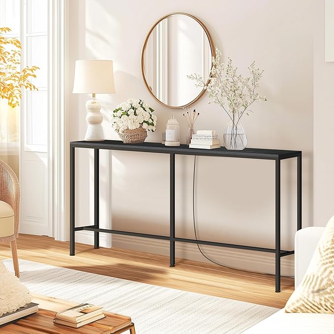 70 Inch Console Table with Outlet, Sofa Table with Charge Station Long Entryway Table for Office, Hallway, Bedroom, Living Room(Charcoal Black)