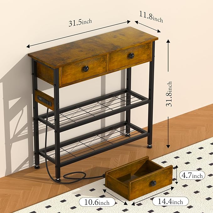 GRLEAF 32" Console Table with Outlets & USB Ports – Narrow Entryway Table with 2 Drawers and Storage Shelves, Power Strip Sofa Table for Living Room, Hallway, Kitchen, Foyer – Rustic Brown Wood Finish