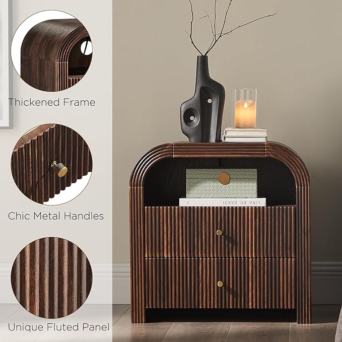 T4TREAM Fluted Nightstand with Charging Station, 24" Large 2 Drawers Bedside Table, Modern End Table with Storage Night Stand for Bedroom, Living Room, Round Curved Corner Design, Dark Walnut
