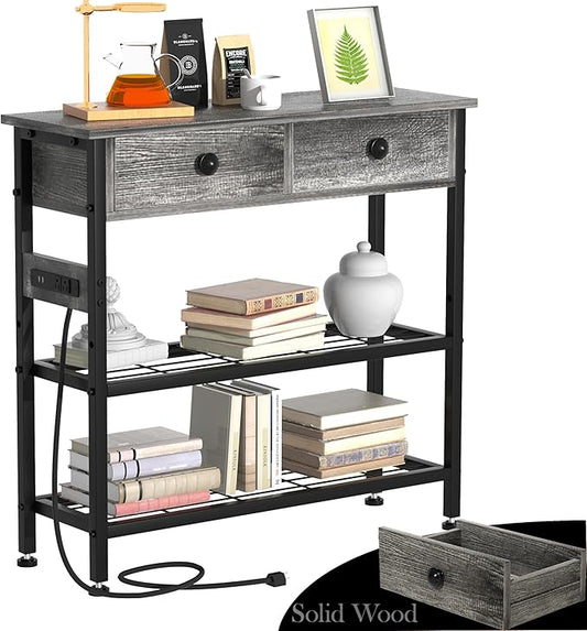 GRLEAF 32" Console Table with Outlets & USB Ports – Narrow Entryway Table with 2 Drawers and Storage Shelves, Power Strip Sofa Table for Living Room, Hallway, Kitchen, Foyer – Grey Wood Finish