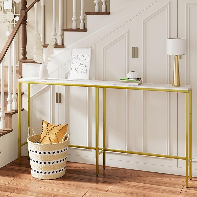 63" Console Table,Modern Narrow Long Sofa Table Behind Couch,Skinny Entry Table with Gold Metal Frame for Living Room, Hallway,Marble White