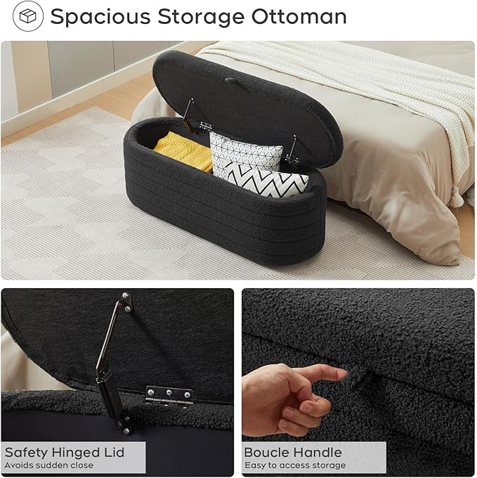 Storage Ottoman Bench End of Bed for Bedroom,45 inch Boucle Upholstered Entryway Shoe Seat Bench w/ Storage,Sherpa Modern Cute Padded Blanket Chest Stool Foot Rest for Living Room,Black