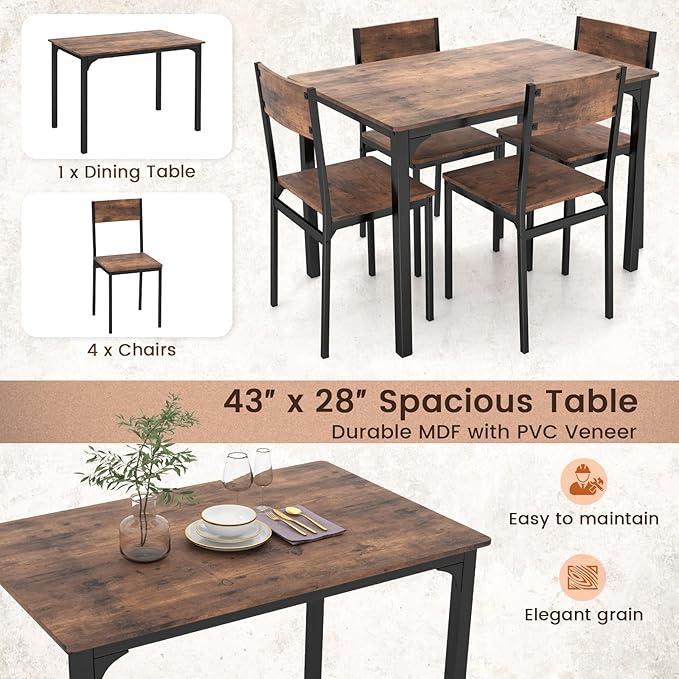 GOFLAME 5-Piece Dining Table Set, Industrial Kitchen Table and Chairs for 4 with Backrest and Metal Frame, Rectangular Space-Saving Dinette Set for Dining Room, Apartment, Small Space, Rustic Brown