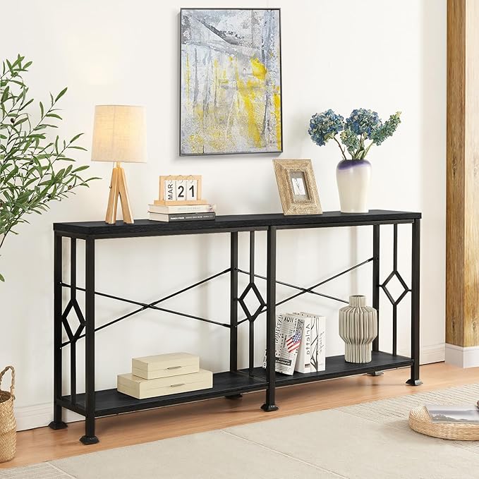 HOMISSUE Long Entryway Console Table, 70.9" Industrial Narrow Sofa Tables Behind Couch with 2 Tier Storage Shelf for Hallway, Living Room, Black