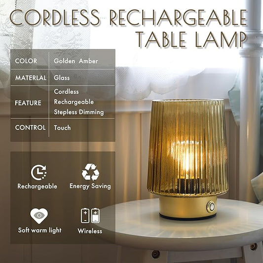 Cordless Lamp Rechargeable Battery Operated lamp, Glass Small Table lamp - Portable Dimmable Brightness Touch Wireless Bedside Lamp for Bedroom Kitchen Dining Home Living Room Decor Grey