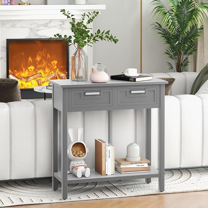 KOTEK Console Table with 2 Drawers & Shelf, Narrow Sofa Table with Rubber Wood Legs, Small Entryway Table for Living Room, Hallway, Office (Grey)