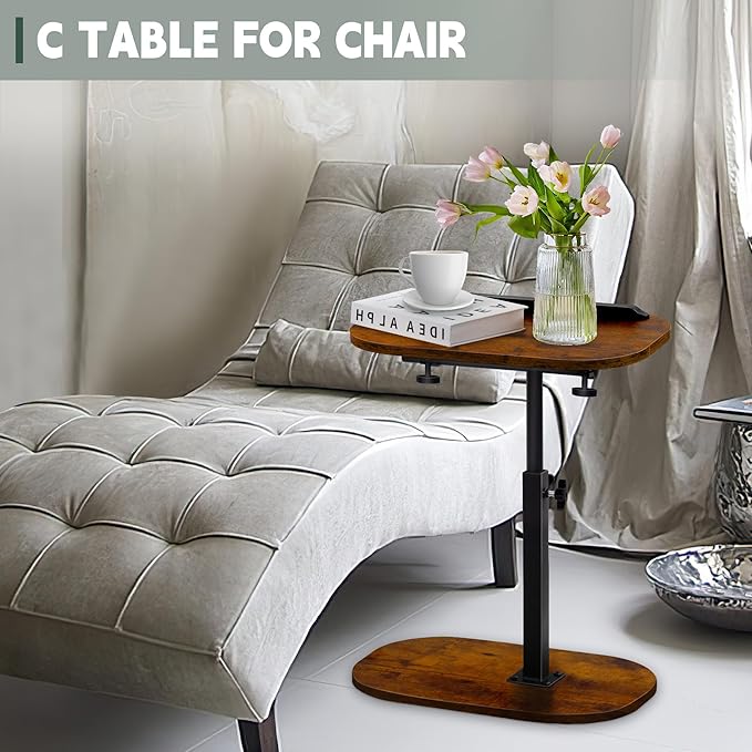 Aoligrace Adjustable Height C Shaped End Table, 360°Swivel Small Side Table for Small Spaces Living Room, Flip Top TV Tray for Couch Sofa Chair