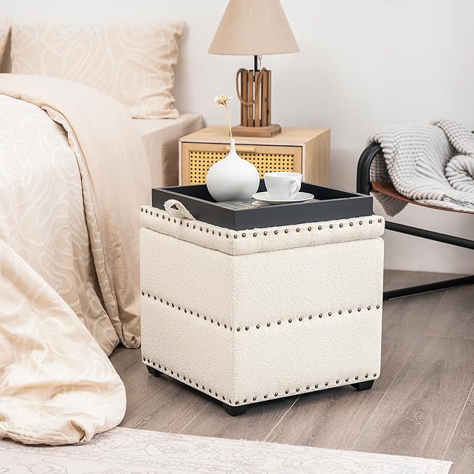 Adeco 18" White Square Storage Ottoman with Tray, Modern Cube Ottoman Coffee Table for Dorm, Bedroom